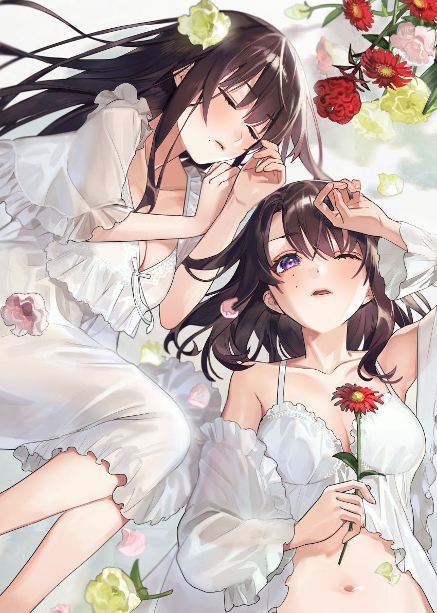 2girls absurdres babydoll breasts brown_hair cleavage closed_eyes closed_mouth collarbone cover cover_page feet_out_of_frame flower hajirau_kimi_ga_mitainda highres honjou_kaho honjou_touka long_hair lying manga_cover medium_breasts medium_hair mole mole_under_mouth multiple_girls navel negligee official_art on_back on_side one_eye_closed open_mouth purple_eyes sidelocks sleepwear uma_raclette