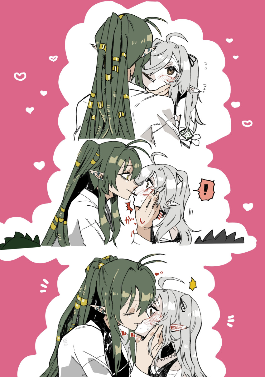 2girls absurdres ahoge arknights ban_syou blush closed_eyes commentary_request crocodilian_tail dreadlocks food food_in_mouth gavial_(arknights) gavial_the_invincible_(arknights) green_hair grey_eyes grey_hair hand_on_another's_face highres kissing long_hair multiple_girls pink_background pocky pocky_in_mouth pocky_kiss pointy_ears shirt simple_background tail tomimi_(arknights) white_shirt yuri