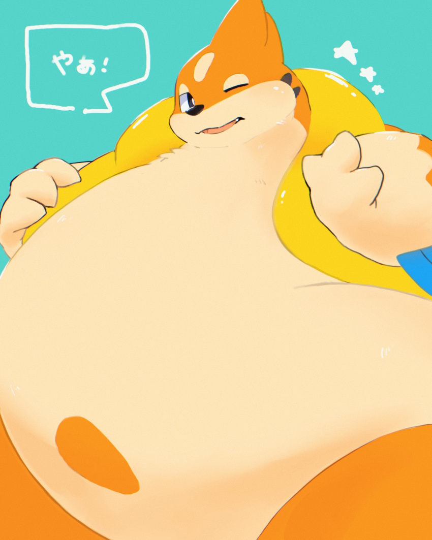 anthro belly big_belly black_eyes black_nose blue_background floatzel fur generation_4_pokemon hi_res male nintendo one_eye_closed open_mouth orange_body orange_fur overweight overweight_anthro overweight_male pink_tongue pokemon pokemon_(species) simple_background solo star taka_fin9623 tan_body tan_fur text tongue translated