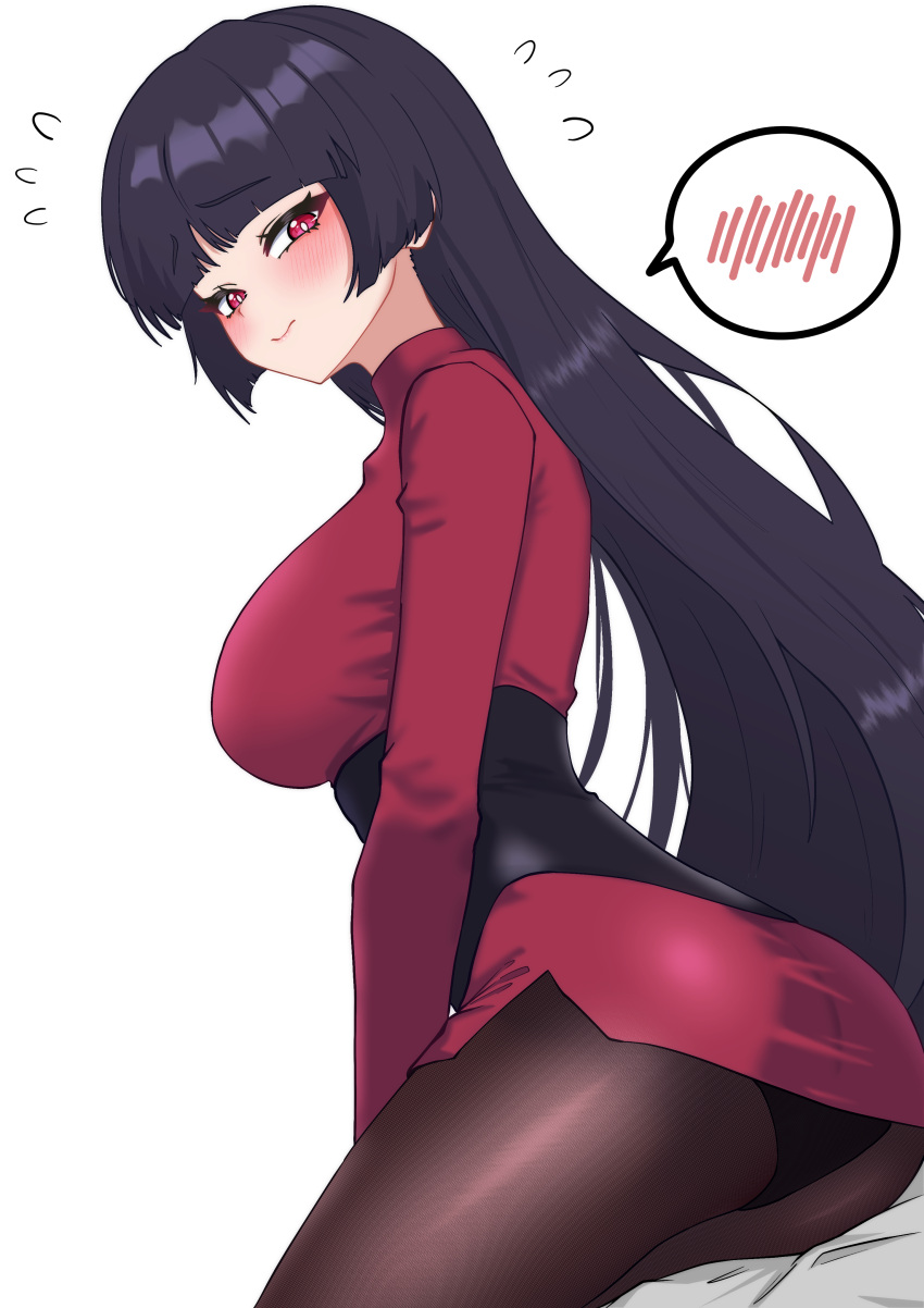 3: absurdres ass black_hair black_leotard blunt_bangs blush breasts bright_pupils brown_pantyhose closed_mouth commentary crop_top embarrassed female highres korean_commentary leotard leotard_under_clothes long_hair long_sleeves looking_at_viewer medium_breasts miniskirt oldsickkim pantyhose pokemon pokemon_frlg red_eyes red_shirt red_skirt sabrina_(pokemon) shirt simple_background sitting skirt solo speech_bubble spoken_blush very_long_hair white_background