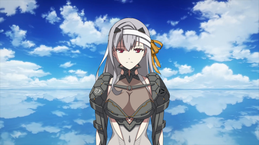 armor armored_bodysuit bandaged_head bandages black_armor black_collar blue_sky breasts cleavage closed_mouth cloud cloudy_sky collar collared_bodysuit commentary_request covered_navel expressionless female goddess_of_victory:_nikke grey_hair grey_leotard hair_between_eyes hair_ornament hair_ribbon highres kaneki_ken leotard long_hair medium_breasts modernia_(nikke) pupupuplus red_eyes reflective_floor ribbon shoulder_armor single_sidelock sky solo time_paradox tokyo_ghoul triangle_hair_ornament upper_body yellow_ribbon