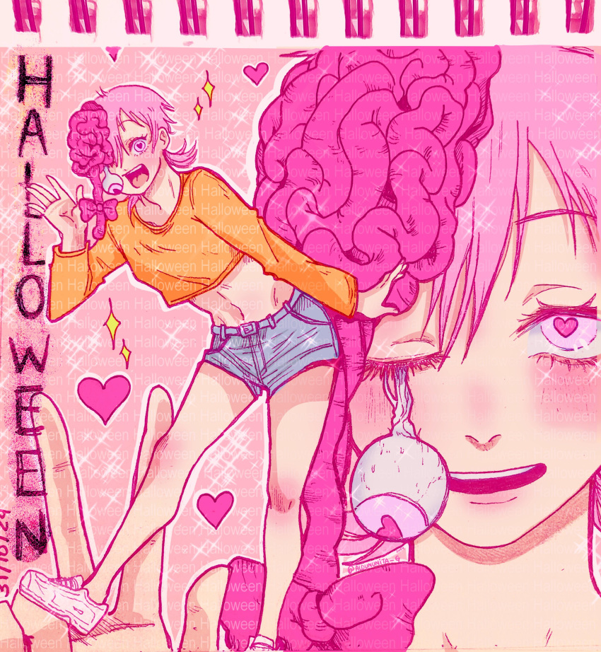 absurdres aldununita_g blue_shorts chainsaw_man commentary cosmo_(chainsaw_man) crop_top cropped_shirt dangling_eye dated denim denim_shorts exposed_muscle female heart heart-shaped_pupils highres marker_(medium) midriff mixed_media navel open_mouth orange_shirt pink_eyes pink_hair shirt short_shorts shorts signature smile sneak symbol-shaped_pupils traditional_media twitter_username w waving_arms