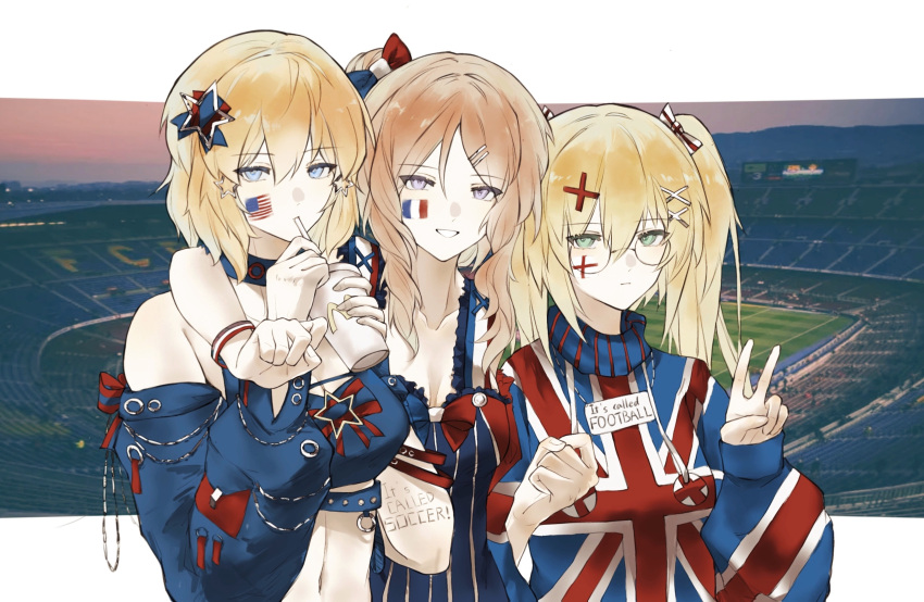 3girls absurdres adelaide326 america_(hetalia) american_flag arm_around_neck axis_powers_hetalia blonde_hair blue_eyes bow breasts crop_top drink drinking_straw drinking_straw_in_mouth english_flag france_(hetalia) french_flag genderswap_(mtf) glasses green_eyes hair_ornament hairbow hairclip highres holding holding_drink long_hair long_sleeves looking_at_viewer medium_breasts midriff multiple_girls navel photo_background purple_eyes rule_63 short_hair smile stadium star_(symbol) sweater twintails union_jack united_kingdom_(hetalia) upper_body v wristband