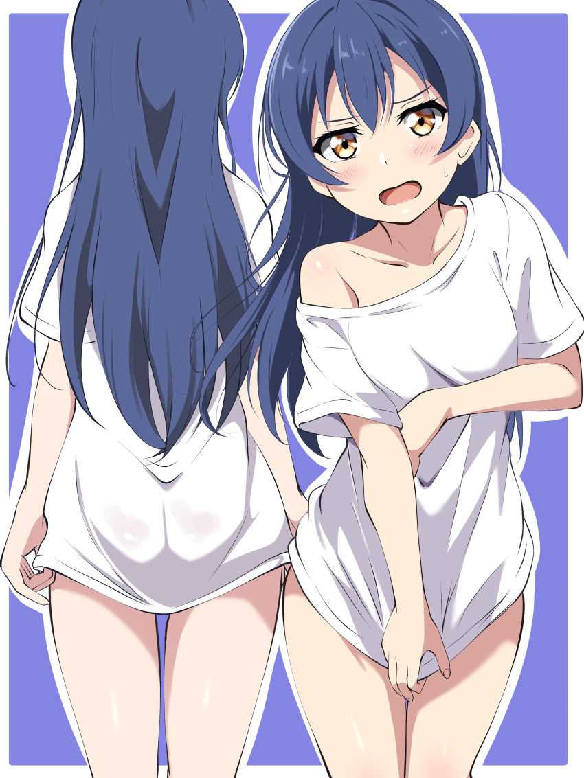 absurdres annoyed ass blue_hair blush borgbutler bottomless breasts commentary_request female highres long_hair looking_at_viewer love_live! love_live!_school_idol_project medium_breasts multiple_views no_panties open_mouth shiny_skin shirt simple_background sonoda_umi thighs wet wet_clothes wet_shirt white_shirt yellow_eyes