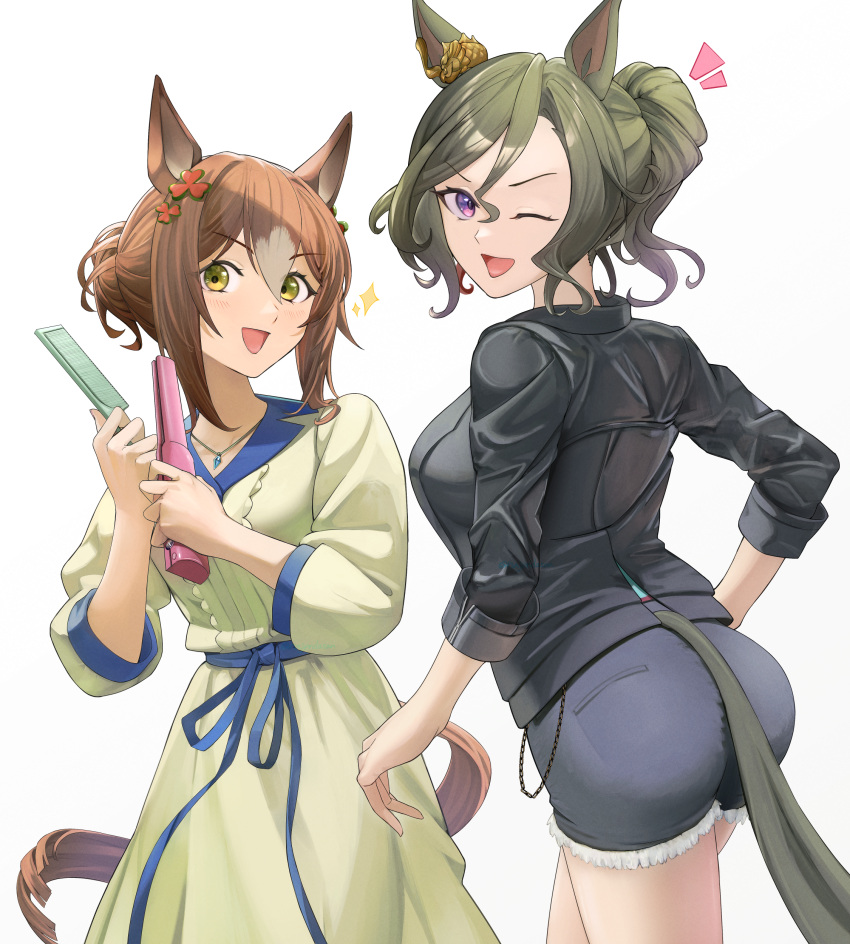 2girls ;d absurdres animal_ears ass black_jacket brown_hair clover_hair_ornament commentary_request dress ear_ornament fine_motion_(umamusume) from_behind green_eyes hair_between_eyes hair_bun hair_ornament hair_straightener highres horse_ears horse_girl horse_tail jacket kanpiro looking_at_viewer looking_back multicolored_hair multiple_girls one_eye_closed open_mouth ponytail purple_eyes short_hair simple_background smile streaked_hair tail tail_through_clothes tap_dance_city_(umamusume) umamusume v-shaped_eyebrows white_background white_hair