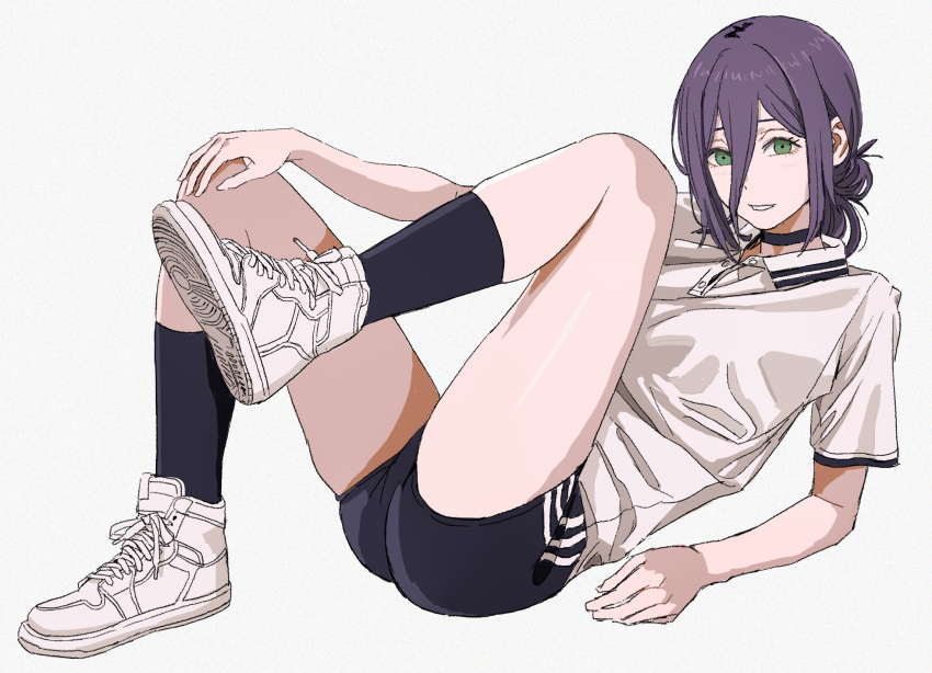 alternate_costume black_choker black_hair black_shorts black_socks chainsaw_man choker commentary english_commentary female green_eyes hair_between_eyes hair_bun highres looking_at_viewer reze_(chainsaw_man) shiren_(ourboy83) shirt shoes short_shorts short_sleeves shorts simple_background single_hair_bun smile sneakers socks solo white_background white_footwear white_shirt