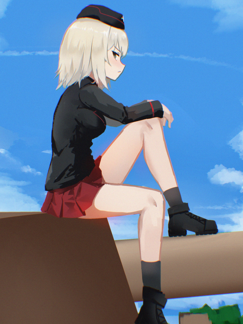 ankle_boots ankle_socks black_eyes black_footwear black_hat black_jacket black_socks blue_sky blush boots breasts cannon cloud commentary danraz0r english_commentary female from_side garrison_cap girls_und_panzer hair_between_eyes hat highres insignia itsumi_erika jacket knee_up kuromorimine_military_uniform long_sleeves looking_at_viewer medium_breasts medium_hair miniskirt on_tank outdoors pleated_skirt pout red_skirt sidelocks sitting skirt sky socks solo tank_turret white_hair