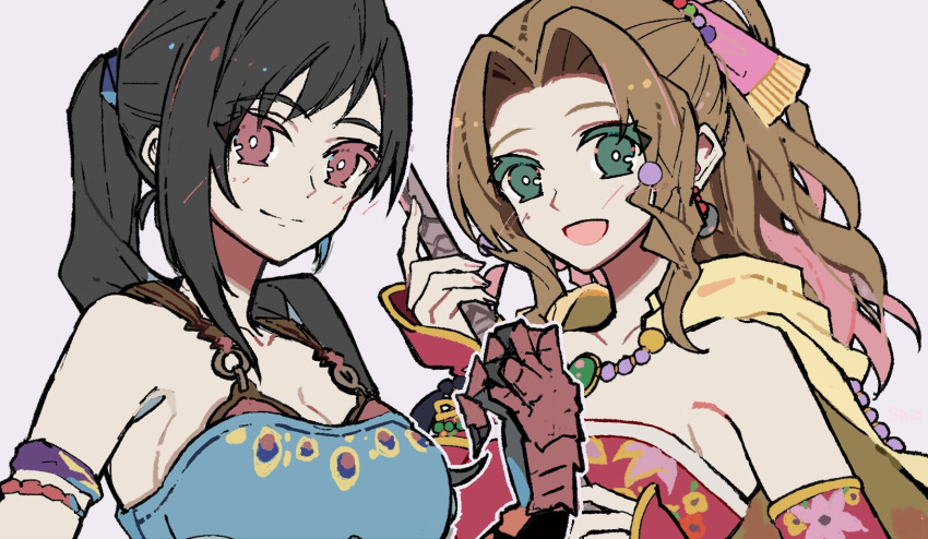 2girls aerith_gainsborough aerith_gainsborough_(terra's_garb) arm_strap bare_shoulders black_hair blue_shirt breasts brown_hair cape cleavage closed_mouth collarbone commentary_request cosplay dress final_fantasy final_fantasy_vi final_fantasy_vii final_fantasy_vii_ever_crisis gloves green_eyes hair_ribbon halterneck high_ponytail highres hiyunagi holding holding_staff large_breasts long_hair looking_at_viewer multiple_girls official_alternate_costume open_mouth parted_bangs pink_ribbon red_dress red_eyes red_gloves ribbon sabin_rene_figaro sabin_rene_figaro_(cosplay) shirt small_breasts smile staff strapless strapless_dress terra_branford terra_branford_(cosplay) tifa_lockhart tifa_lockhart_(sabin's_style) upper_body yellow_cape