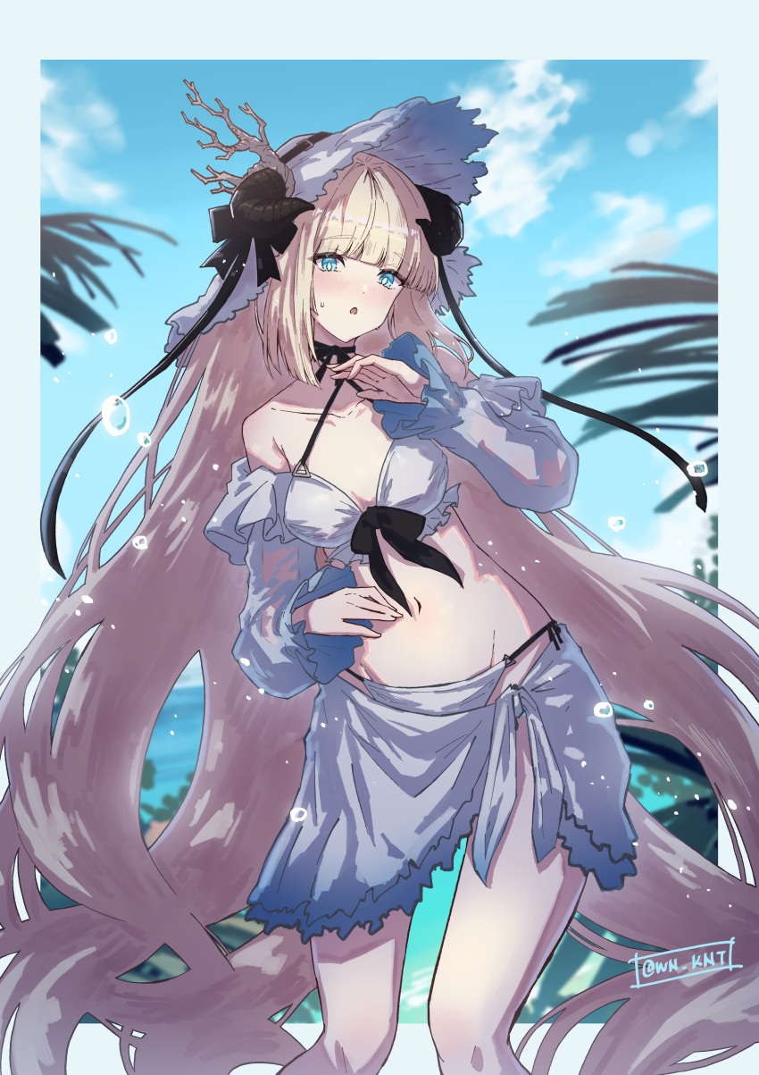 absurdres arknights bikini blonde_hair blue_border blue_eyes blue_sky blush border breasts cloud commission day detached_sleeves female groin hand_up hat highres horns long_hair long_sleeves medium_breasts navel nightingale_(arknights) palm_tree parted_lips pixiv_commission puffy_long_sleeves puffy_sleeves sky sleeves_past_wrists solo swimsuit tree twitter_username very_long_hair white_bikini white_hat white_sleeves wn_(wani-noko)