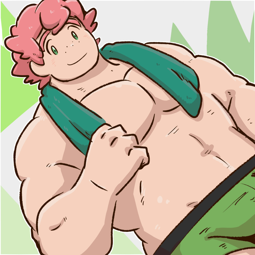 1boy biceps boxer commentary_request green_eyes green_male_underwear highres looking_at_viewer male_focus male_underwear milo_(pokemon) muscular muscular_male pectoral_cleavage pectorals plump pokemon pokemon_swsh saruhiko_(mtmnkmn) simple_background topless_male towel towel_around_neck underwear