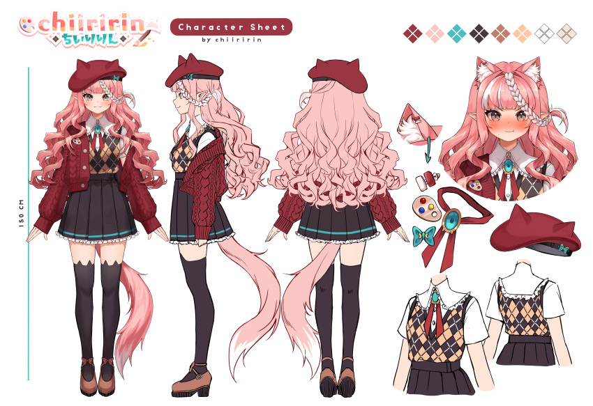 absurdres animal_ear_fluff animal_ear_legwear animal_ears arrow_(symbol) beret black_skirt black_thighhighs blue_bow blue_brooch blush bow braid brown_footwear buttons cardigan cat_ear_legwear cat_ears cat_girl cat_tail chiiririn chiiririn_(vtuber) color_guide female grey_eyes hat highres indie_virtual_youtuber logo long_hair multiple_views open_cardigan open_clothes palette_(object) pink_hair red_cardigan red_hat reference_sheet shirt skirt sleeves_past_wrists tail thighhighs virtual_youtuber white_hair white_shirt