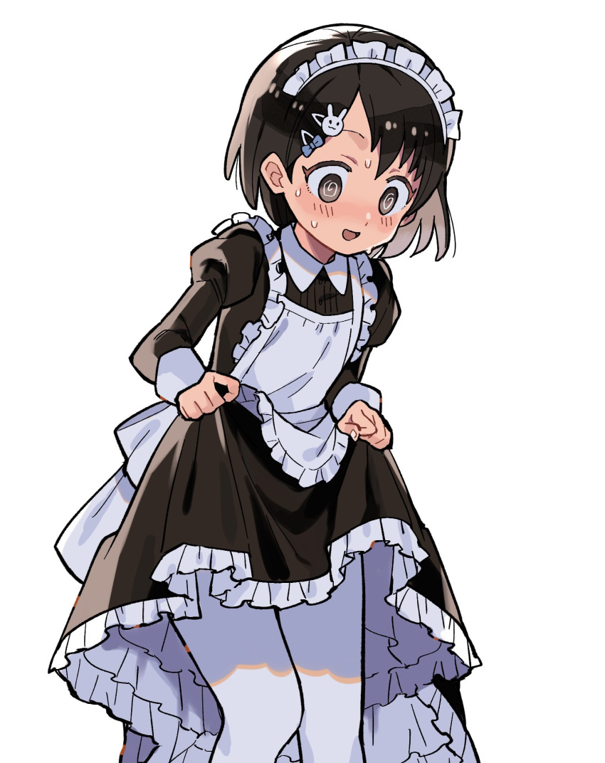 @_@ ai_nige alternate_costume apron black_dress black_hair blush brown_eyes clothes_lift commentary dress dress_lift enmaided feet_out_of_frame female frilled_apron frills hair_ornament highres idolmaster idolmaster_cinderella_girls juliet_sleeves lifting_own_clothes long_sleeves maid maid_apron maid_headdress nervous_smile nervous_sweating pantyhose puffy_sleeves rabbit_hair_ornament sasaki_chie short_hair simple_background smile solo sweat white_apron white_background white_pantyhose