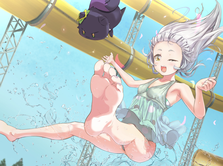 alternate_costume barefoot blue_sky casual_one-piece_swimsuit collarbone feet female foot_focus full_body green_one-piece_swimsuit grey_hair harapeko_zombie_inu highres hololive long_hair murasaki_shion nail_polish one-piece_swimsuit one_eye_closed open_mouth outstretched_arms pink_nails polka_dot_one-piece_swimsuit see-through_clothes shiokko_(murasaki_shion) short_eyebrows sky sliding soles spread_arms spread_legs strapless strapless_one-piece_swimsuit swimsuit teeth toenail_polish toenails toes virtual_youtuber water_drop water_slide wet yellow_eyes