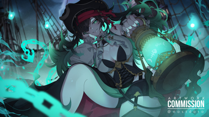 absurdres anchor_symbol black_bra black_corset black_hair black_hat black_skirt black_thighhighs bra braid breasts cersea_soulstorm chains commission corset eyepatch female gradient_hair green_eyes green_hair green_nails hat highres holding holding_lantern idol_corp lantern long_hair long_sleeves mole mole_under_eye mole_under_mouth multicolored_hair nostdoro open_clothes open_shirt parted_lips pirate pirate_ship shirt single_thighhigh skirt thighhighs twitter_username underwear virtual_youtuber white_shirt will-o'-the-wisp_(mythology)