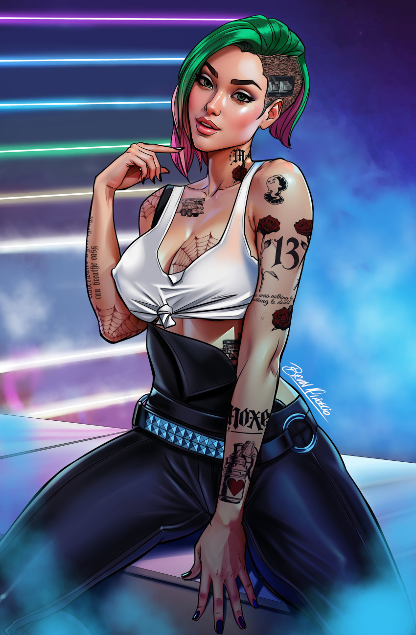 absurdres arm_tattoo asymmetrical_hair black_pants breasts brian_miroglio crop_top cyberpunk_(series) cyberpunk_2077 female green_eyes green_hair highres judy_alvarez large_breasts looking_at_viewer multicolored_hair pants pink_hair shirt sidecut signature sitting sleeveless sleeveless_shirt solo tattoo tied_shirt two-tone_hair undercut white_shirt