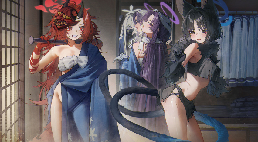 3girls absurdres airi_(halloween)_(blue_archive) animal_ears bandages bare_shoulders betabeet black_hair blue_archive blue_haori cat_ears cat_girl claw_pose crop_top fur_bikini grey_eyes haori highres japanese_clothes kazusa_(halloween)_(blue_archive) kikyou_(blue_archive) long_hair mask mask_on_head multiple_girls multiple_tails mummy_costume no_panties oni_mask open_mouth purple_eyes purple_hair red_eyes red_hair renge_(blue_archive) ribbon tail white_ribbon yoshimi_(halloween)_(blue_archive) yukari_(blue_archive)