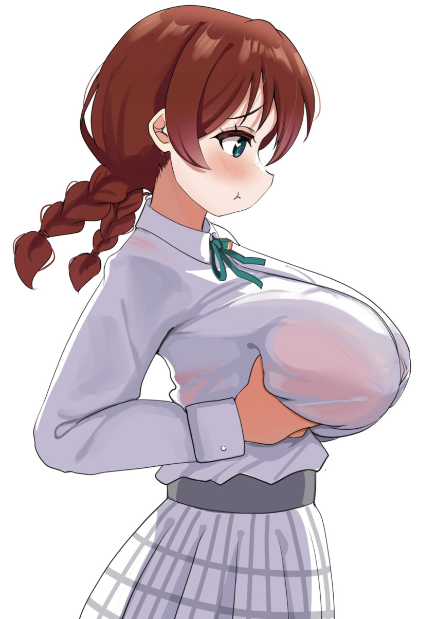 :t aqua_eyes blush bra bra_visible_through_clothes braid breast_lift breasts brown_hair collared_shirt commentary_request emma_verde female freckles hair_between_eyes heart heart-shaped_pupils highres large_breasts long_hair long_sleeves love_live! love_live!_nijigasaki_high_school_idol_club pink_bra pisagi plaid_clothes plaid_skirt pleated_skirt pout school_uniform shirt sidelocks simple_background skirt solo symbol-shaped_pupils twin_braids underwear white_background white_shirt white_skirt