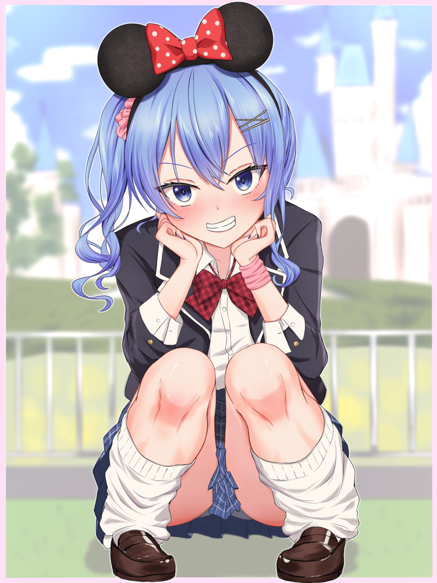 absurdres animal_ears aresiasitennou black_jacket blazer blue_eyes blue_hair bow bowtie brown_footwear collared_shirt fake_animal_ears female grin highres hololive hoshimachi_suisei jacket loafers long_hair long_sleeves looking_at_viewer loose_socks mouse_ears open_clothes open_jacket panties pantyshot plaid_bow plaid_bowtie plaid_clothes plaid_skirt pleated_skirt red_bow red_bowtie school_uniform shirt shoes side_ponytail skirt smile socks solo squatting star_(symbol) star_in_eye symbol_in_eye teeth underwear virtual_youtuber white_panties white_shirt white_socks