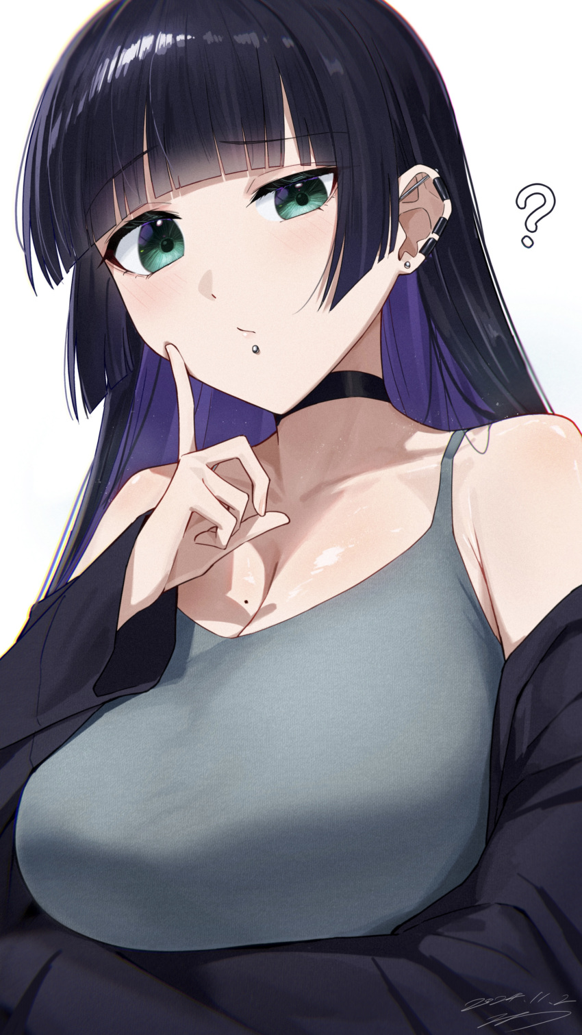 ? absurdres arm_under_breasts barbell_piercing bare_shoulders black_choker black_hair black_jacket blunt_bangs blush bocchi_the_rock! breasts choker cleavage closed_mouth colored_inner_hair commentary_request dated ear_piercing earclip earrings female finger_to_cheek green_eyes green_shirt half-closed_eye highres huge_breasts industrial_piercing jacket jewelry labret_piercing long_hair long_sleeves looking_at_viewer mole mole_on_breast multicolored_hair off_shoulder pa-san piercing purple_hair seisyuntarotto shirt simple_background solo stud_earrings upper_body white_background