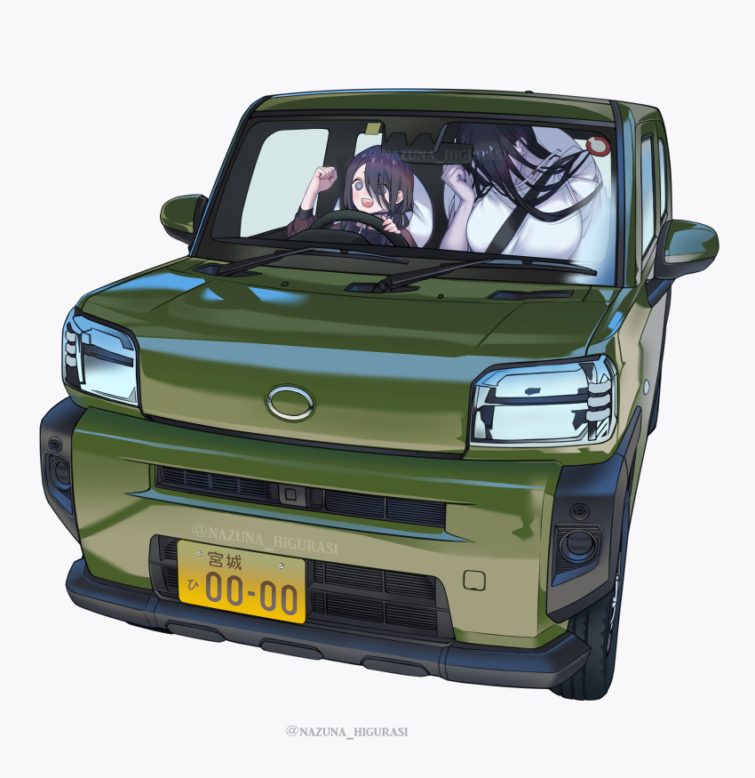 absurdres black_hair black_shirt breasts car clenched_hand dress driving grey_eyes hair_over_face hasshaku-sama hat hat_on_back highres large_breasts long_hair motor_vehicle open_mouth original seatbelt shirt steering_wheel tobacco_(tabakokobata) twitter_username white_dress white_hat