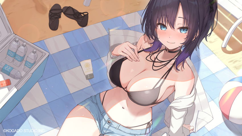 ball beach beach_towel beachball bikini black_bikini black_footwear black_hair blue_eyes blue_shorts blush bottle breasts coat cooler denim denim_shorts female highleg highleg_bikini highres large_breasts long_hair looking_at_viewer multicolored_hair navel non-web_source original purple_hair ringopan sand shoes short_shorts shorts sidelocks sitting smile solo swimsuit towel two-tone_hair unworn_shoes water_bottle white_coat