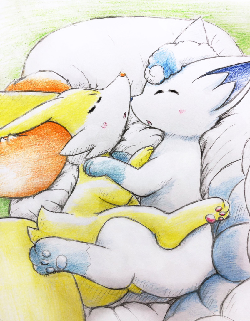 2023 alolan_form alolan_vulpix ambiguous_gender blue_body blue_fur blue_hair blush blush_lines canid canine closed_eyes duo eiroru fennekin feral fox fur generation_1_pokemon generation_6_pokemon generation_7_pokemon graphite_(artwork) hair hi_res hug inner_ear_fluff mammal nintendo on_pillow open_mouth orange_body orange_fur pawpads paws pillow pokemon pokemon_(species) regional_form_(pokemon) sleeping traditional_media_(artwork) tuft vulpix white_body white_fur white_hair yellow_body yellow_fur