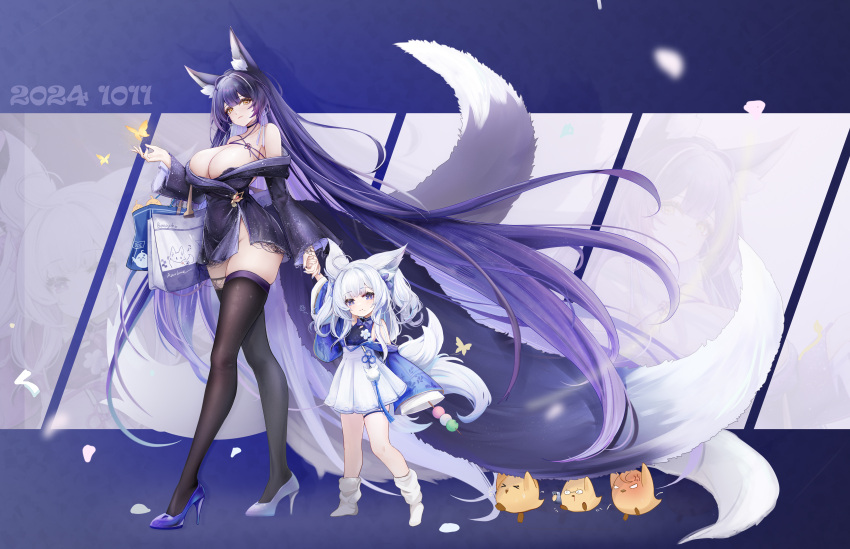 >_< 2girls absurdres ahoge alternate_costume anger_vein angry animal_ear_fluff animal_ears asymmetrical_footwear aunt_and_niece azur_lane bag banchiyuebai bare_shoulders black_bra black_hair black_thighhighs blue_eyes blue_kimono blue_nails blue_ribbon bra bra_peek breasts bug butterfly cellphone chinese_commentary cleavage collarbone dango dated earrings facial_mark falling_petals food fox_ears fox_girl fox_tail full_body glasses gradient_tail grey_hair hair_ribbon hand_up high_heels highres holding holding_food holding_hands hoop_earrings japanese_clothes jewelry kimono kitsune large_breasts lips long_hair long_sleeves manjuu_(azur_lane) mismatched_footwear multicolored_hair multiple_girls musashi_(azur_lane) oversized_clothes petals phone pink_footwear pleated_skirt purple_hair purple_kimono ribbon sanshoku_dango shaded_face shinano-chan_(azur_lane) shopping_bag simple_background skindentation skirt sleeves_past_fingers sleeves_past_wrists smartphone smile socks standing tail thighhighs thighs twintails two-tone_hair underwear very_long_hair wagashi whisker_markings white_hair white_skirt white_socks wide_sleeves yellow_eyes