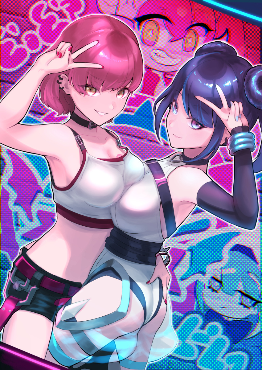 2girls bare_shoulders black_bra black_shorts blue_eyes blue_hair bra breasts cleavage cowboy_shot cropped_shirt double_bun duel_monster evil_twin_ki-sikil evil_twin_lil-la hair_bun highres ki-sikil_(yu-gi-oh!) leotard lil-la_(yu-gi-oh!) lipstick_mark lipstick_mark_on_breast live_twin_ki-sikil live_twin_lil-la long_hair medium_breasts multiple_girls red_hair shirt short_hair short_shorts shorts towofuya underwear v white_leotard white_shirt yellow_eyes yu-gi-oh!