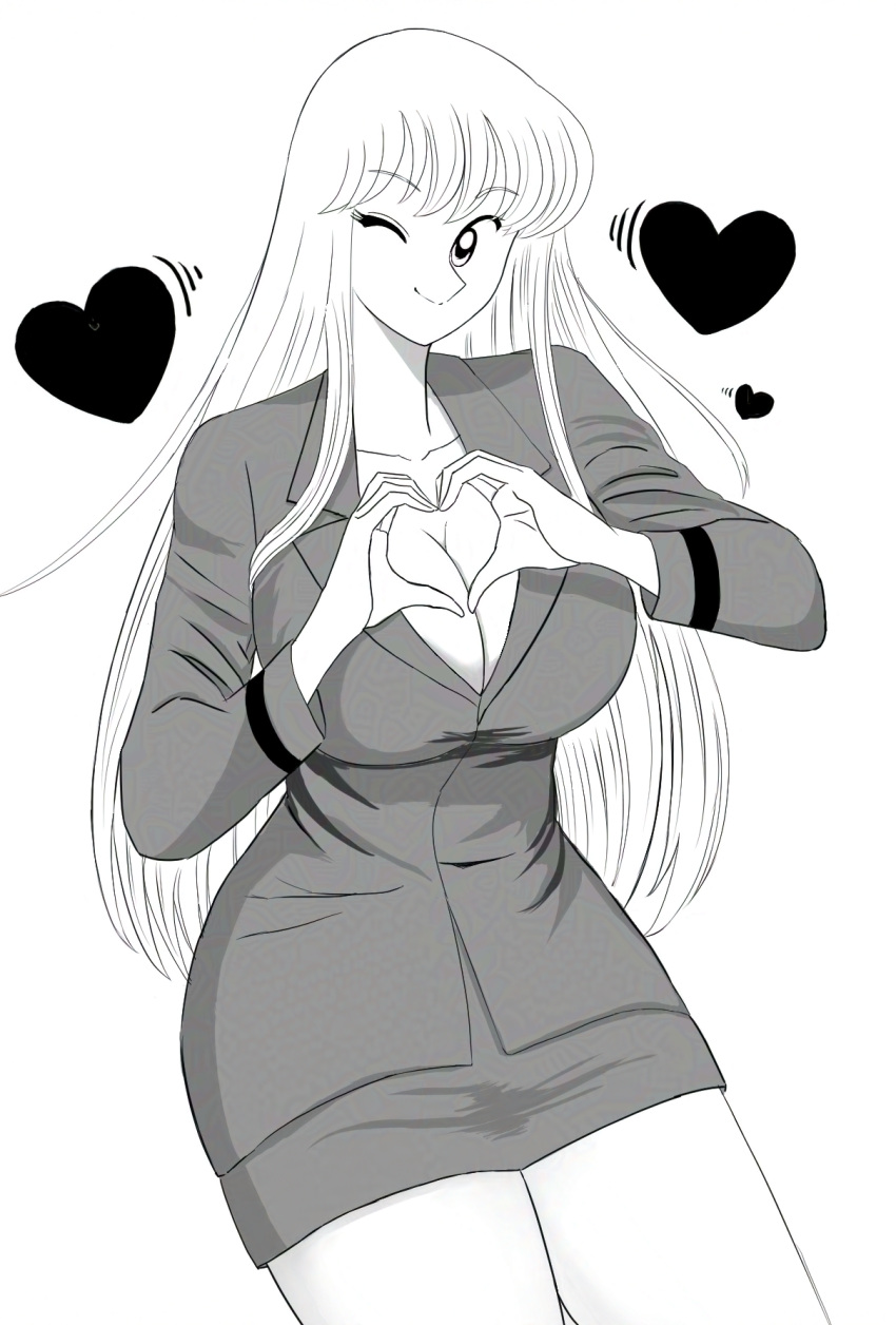 akimoto_katherine_reiko breasts cowboy_shot female greyscale heart heart_hands highres jacket kochikame large_breasts long_hair long_sleeves monochrome motion_lines official_style one_eye_closed pencil_skirt shiroichi_st simple_background skirt smile solo standing white_background