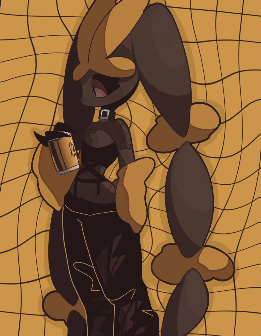 animal_ears animal_nose arm_at_side black_pants black_sclera black_shirt body_fur brown_fur can clothed_pokemon collar colored_sclera crop_top drink female fishnet_shrug flat_chest furry furry_female grid_background hand_up highres holding holding_can holding_drink looking_afar lopunny mega_lopunny mega_pokemon outline pants pointy_ears pokemon pokemon_(creature) rabbit_ears rabbit_girl rabbit_tail red_eyes shirt short_sleeves short_tail shrug_(clothing) sleeveless sleeveless_shirt snout solo standing tail tamako_(pixiv_71110817) torn_clothes torn_pants two-tone_fur yellow_background yellow_fur yellow_theme