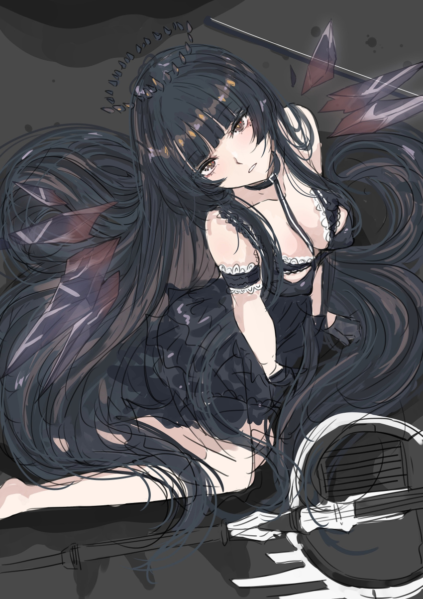 absurdres arknights armband black_dress black_hair black_halo blunt_bangs breasts broken_halo brown_eyes cello cleavage collar covered_nipples dark_halo dress energy_wings female frilled_dress frills from_above halo highres hime_cut instrument ken_(shutenndouji1) long_hair looking_at_viewer parted_lips simple_background sitting strap very_long_hair virtuosa_(arknights) wariza