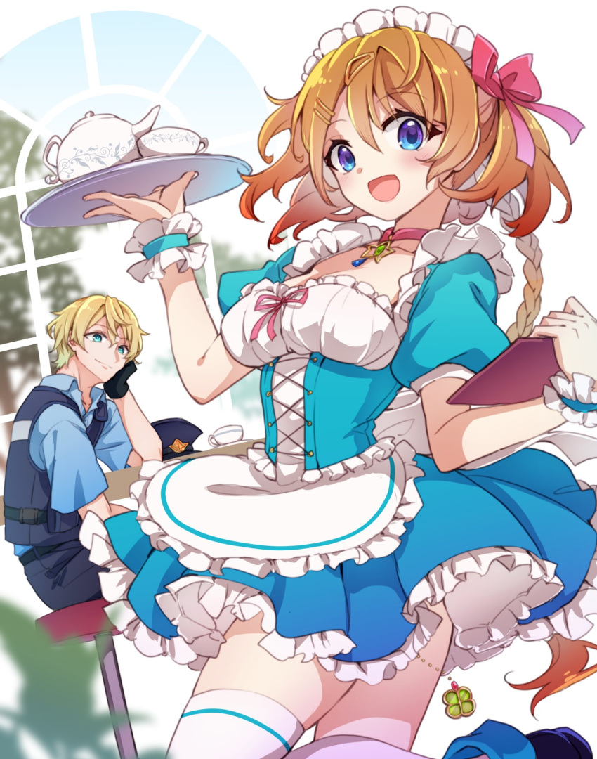 1boy :d atelier_(series) atelier_resleriana black_gloves black_pants black_vest blonde_hair blue_dress blue_eyes blue_shirt blurry blurry_background blurry_foreground breasts brown_hair clipboard collarbone collared_shirt commentary_request cowboy_shot cup depth_of_field dress dutch_angle female frilled_dress frills gloves hair_between_eyes hair_ornament hair_ribbon hairclip hat highres holding holding_clipboard holding_tray karasumi_(aiseec) looking_at_viewer maid maid_headdress medium_breasts medium_hair official_alternate_costume pants pink_ribbon police police_hat police_uniform policeman puffy_short_sleeves puffy_sleeves resna_sternenlicht ribbon roman_kalman shirt short_dress short_hair short_sleeves sitting skindentation smile solo_focus star_(symbol) teacup teapot thighhighs tray unworn_hat unworn_headwear vest white_thighhighs zettai_ryouiki