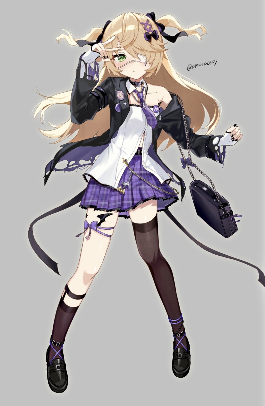 arm_up asymmetrical_legwear bag bare_shoulders belt black_bag black_belt black_footwear black_jacket black_ribbon black_socks black_thighhighs blonde_hair eyepatch female fischl_(genshin_cafe_in_seoul)_(genshin_impact) fischl_(genshin_impact) floating_hair full_body genshin_impact green_eyes grey_background hair_ribbon hand_up highres jacket knee_strap loafers long_hair looking_at_viewer official_alternate_costume open_clothes open_jacket otsuna0507 parted_lips partially_unbuttoned purple_skirt ribbon shirt shoes shoulder_bag simple_background single_off_shoulder skirt socks standing thighhighs torn_clothes torn_jacket two_side_up uneven_legwear v white_shirt