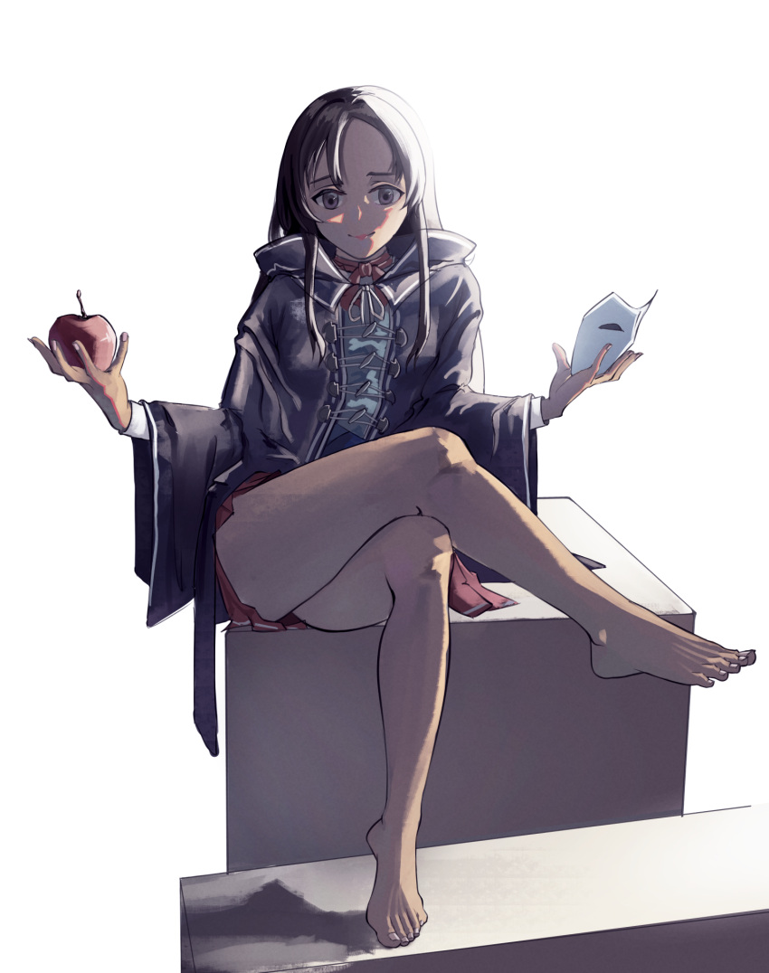 apple barefoot black_eyes black_hair blue_robe closed_mouth crossed_legs feet female food fruit full_body highres holding holding_food holding_fruit holding_mask kaoru_puripuri legs long_hair long_sleeves looking_at_viewer mask miniskirt mushoku_tensei nanahoshi_shizuka parted_bangs pleated_skirt red_skirt robe sitting skirt soles solo thighs white_mask wide_sleeves