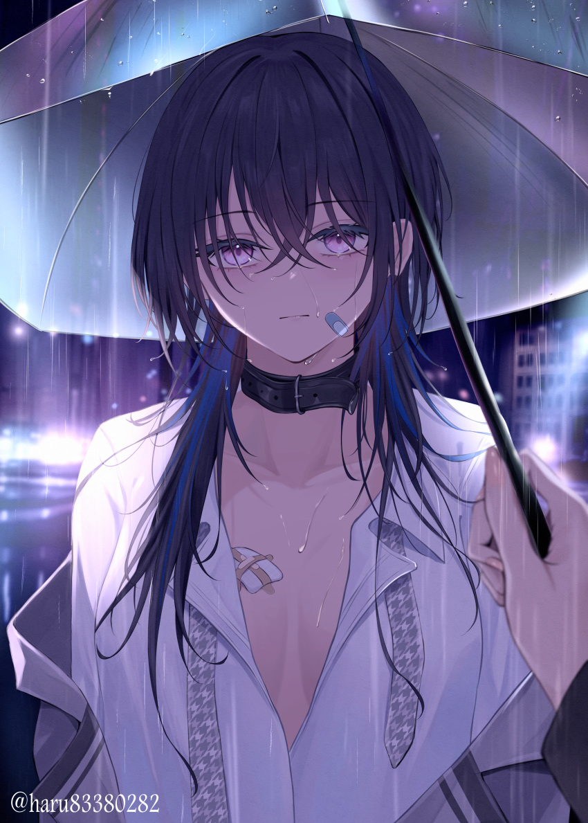 1other absurdres artist_name bandaid bandaid_on_breast bandaid_on_face black_choker black_hair blue_hair breasts breasts_apart building choker city_lights cleavage collarbone collared_shirt commentary crossed_bangs expressionless female grey_jacket grey_necktie hair_between_eyes hair_intakes haru_(haru83380282) highres holding holding_umbrella ichinose_uruha ichinose_uruha_(6th_costume) jacket looking_at_viewer lupinus_virtual_games necktie off_shoulder official_alternate_costume official_alternate_hairstyle open_clothes open_shirt pov purple_eyes rain shirt short_hair_with_long_locks transparent transparent_umbrella umbrella upper_body virtual_youtuber vspo! water water_drop wet white_shirt