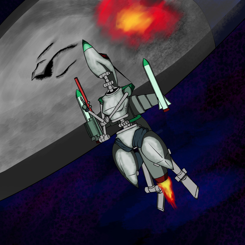 1:1 absurd_res aircraft aircraft_humanoid antennae_(anatomy) anthro arm_cannon black_sclera colored dangling_feet digital_drawing_(artwork) digital_media_(artwork) digitigrade explosion female fire flying heelipmo hi_res living_aircraft living_machine living_spacecraft living_vehicle machine mechanical_arm mechanical_body mechanical_leg mechanical_wings metallic_body missile red_eyes robot rocket shaded solo spacecraft thick_thighs vehicle