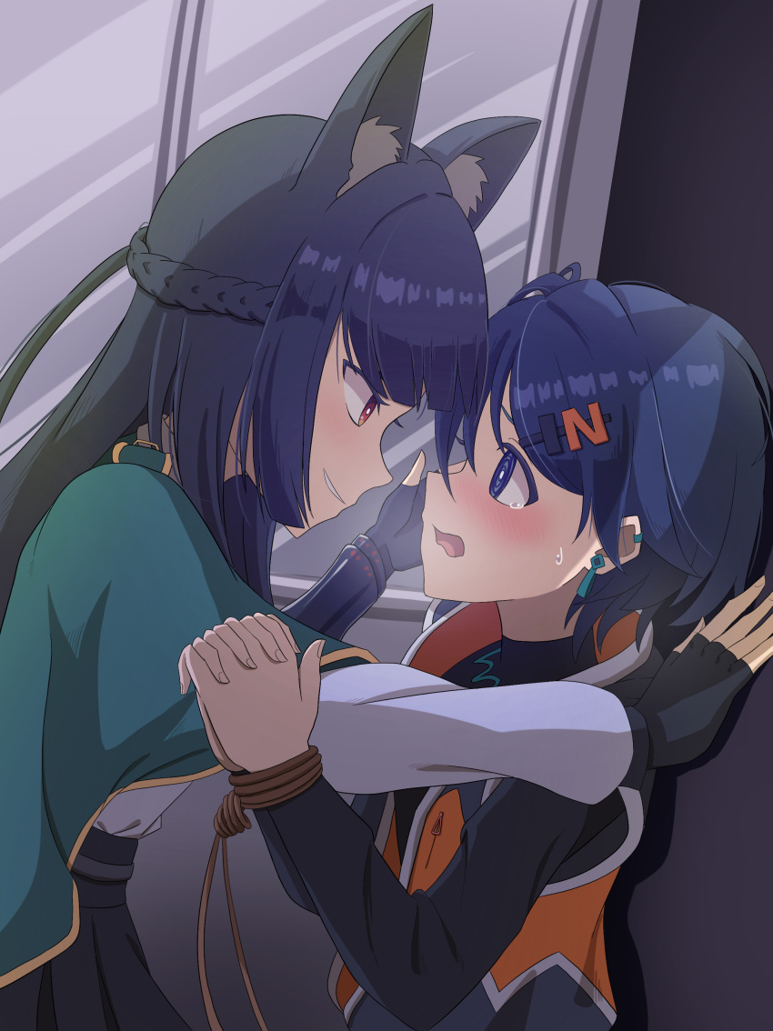 2girls absurdres animal_ear_fluff animal_ears aqua_jacket assertive_female belle_(zenless_zone_zero) black_hair black_shirt black_skirt blue_eyes blue_hair blush bound bound_wrists fingerless_gloves fox_ears fox_girl gloves hair_ornament hand_on_another's_face highres hoshimi_miyabi jacket kabedon letter_hair_ornament long_hair multiple_girls red_eyes rope shirt short_hair skirt smirk sweat tearing_up turtleneck very_long_hair yuri zaku_saki zenless_zone_zero