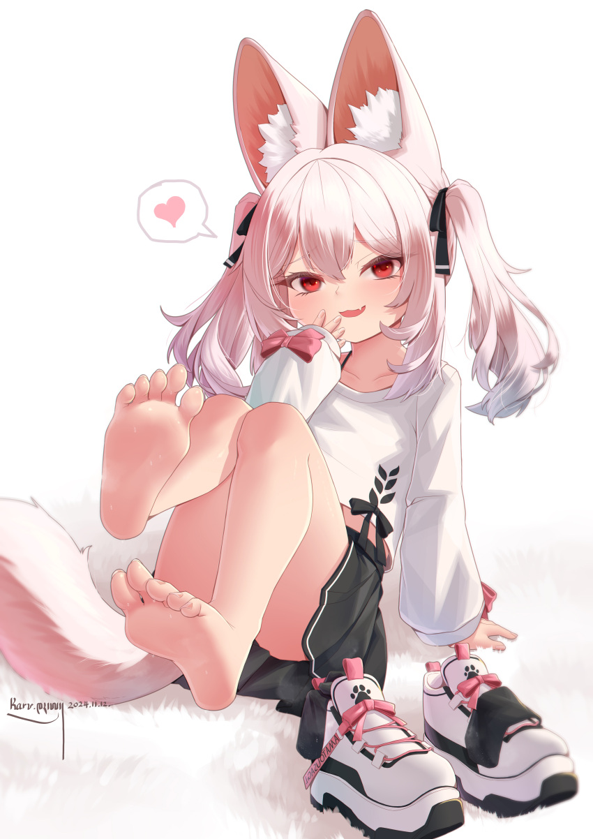 absurdres animal_ear_fluff animal_ears barefoot black_ribbon black_skirt character_request commentary_request dated feet feet_up female full_body hair_ribbon hand_to_own_mouth heart highres karin_(vrchat) karv knees_up long_hair long_sleeves looking_at_viewer miniskirt oerba_yun_fang open_mouth original pleated_skirt red_eyes ribbon shirt shoes sidelocks simple_background sitting skin_fang skirt sleeves_past_wrists smile sneakers soles solo spoken_heart tail toes twintails unworn_shoes vrchat_(medium) white_background white_shirt