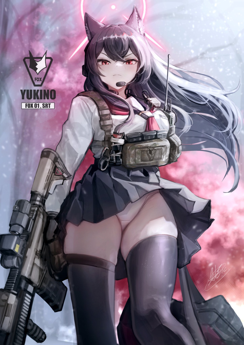 animal_ear_fluff animal_ears arktic assault_rifle bag black_hair black_skirt black_thighhighs blue_archive breasts commentary ear_protection female fox_ears fox_girl fox_platoon_(blue_archive) gun h&k_hk416 halo headset highres holding holding_gun holding_weapon long_hair long_sleeves neckerchief panties pantyshot pleated_skirt red_eyes red_halo red_neckerchief rifle sailor_collar school_uniform serafuku shirt skirt small_breasts solo thighhighs throat_microphone underwear upskirt weapon white_panties yukino_(blue_archive)