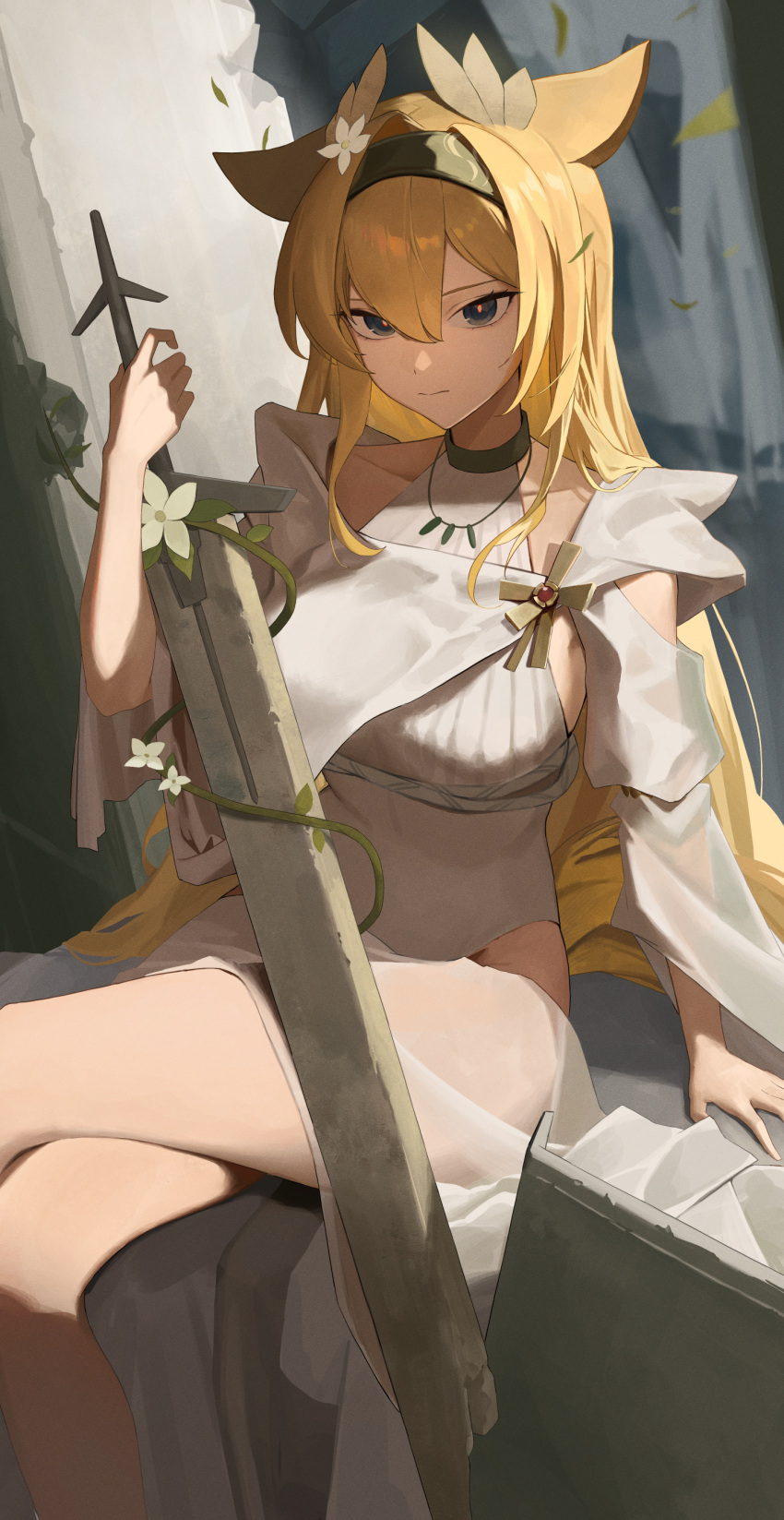 absurdres animal_ears arknights black_hairband blonde_hair blue_eyes breasts closed_mouth commentary_request crossed_legs dress feet_out_of_frame female flower hair_flower hair_ornament hairband highres holding holding_sword holding_weapon horn_(arknights) jinsei_tsuraiman large_breasts long_hair sitting solo sword thighs weapon white_dress