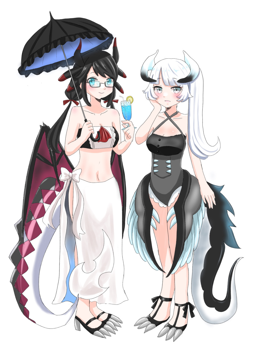 2girls absurdres bikini black_bikini black_footwear black_hair black_one-piece_swimsuit blue_eyes blush breasts chamber_dragonmaid cleavage collarbone dragon_girl dragon_horns dragon_tail dragon_wings duel_monster feathered_wings glasses grey_eyes hand_on_own_cheek hand_on_own_face highres holding holding_umbrella horns house_dragonmaid large_breasts low_twintails multiple_girls namenekorin navel one-piece_swimsuit ponytail sarong simple_background swimsuit tail twintails umbrella white_background white_hair white_sarong wings yu-gi-oh!