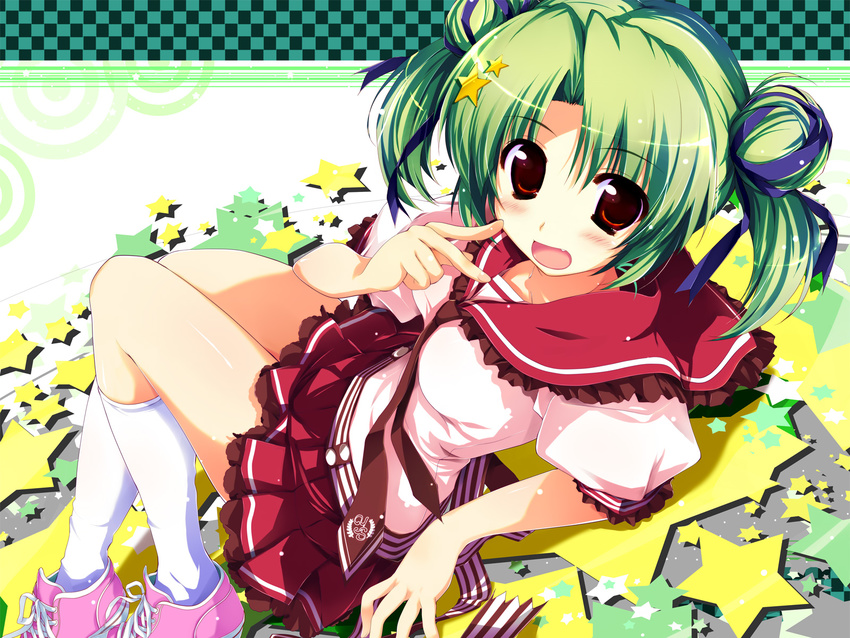 double_bun female green_hair hair_bun hair_ornament highres hoshizora_e_kakaru_hashi kneehighs oerba_yun_fang open_mouth oshiki_hitoshi school_uniform serafuku shoes short_twintails sneakers socks solo star_(symbol) star_hair_ornament starry_background toudou_koyori twintails white_socks