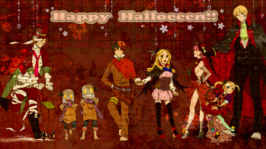 4girls 5boys animal_ears arakawa_under_the_bridge bad_id bad_pixiv_id bandages barefoot bat_wings black_hair blonde_hair blue_eyes bolt_(hardware) cape cat_ears cat_tail costume english_text engrish_text garter_belt halloween hat high_heels highres holding_hands ichinomiya_kou iron_brothers_(arakawa) jack-o'-lantern lineup lolicon long_hair maria_(arakawa) multiple_boys multiple_girls necktie nino_(arakawa) photoshop_(medium) pink_hair pumpkin ranguage sara_(kurome1127) scar scarf shiro_(arakawa) shoes sister_(arakawa) skirt smile stella_(arakawa) striped_clothes striped_thighhighs tail tall thighhighs top_hat wings witch_hat yellow_eyes