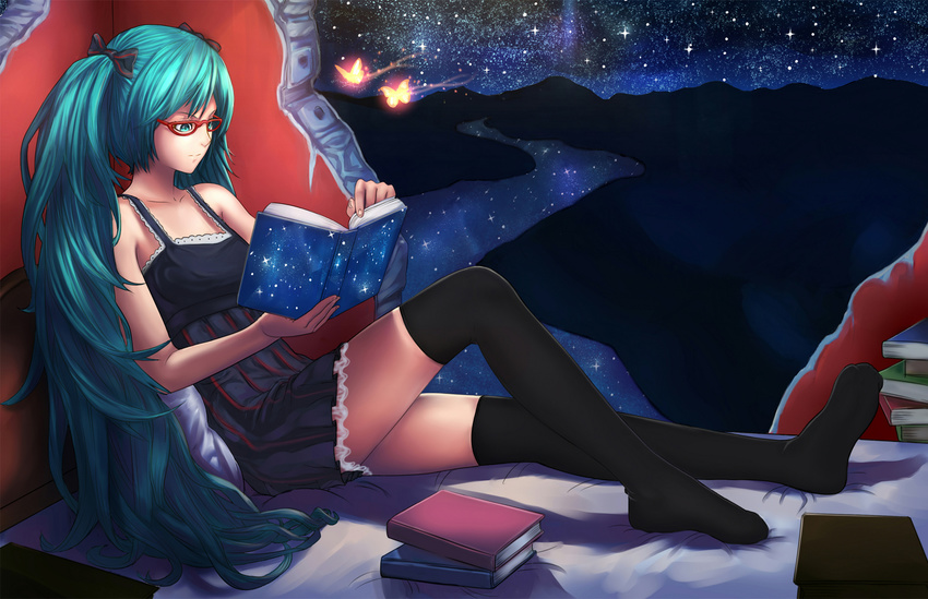 aqua_eyes aqua_hair bespectacled book commentary_request dress female glasses hatsune_miku highres iq2000lb long_hair partial_commentary photoshop_(medium) reading sitting sky solo star_(sky) starry_sky thighhighs twintails very_long_hair vocaloid