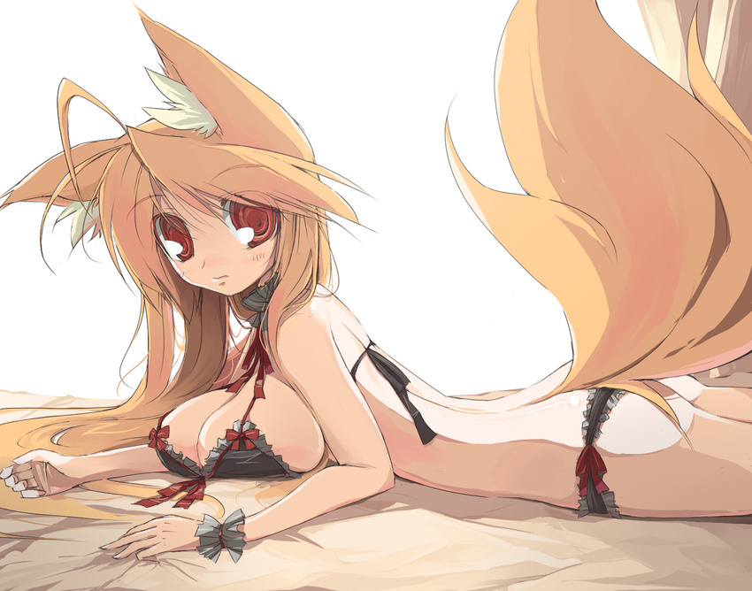 animal_ears bad_id bad_pixiv_id black_bra blush bra breast_press breasts endou_chihiro female fox_ears fox_tail kuu_(endou_chihiro) large_breasts long_hair looking_at_viewer lying on_stomach original panties red_eyes sideboob solo tail underwear underwear_only