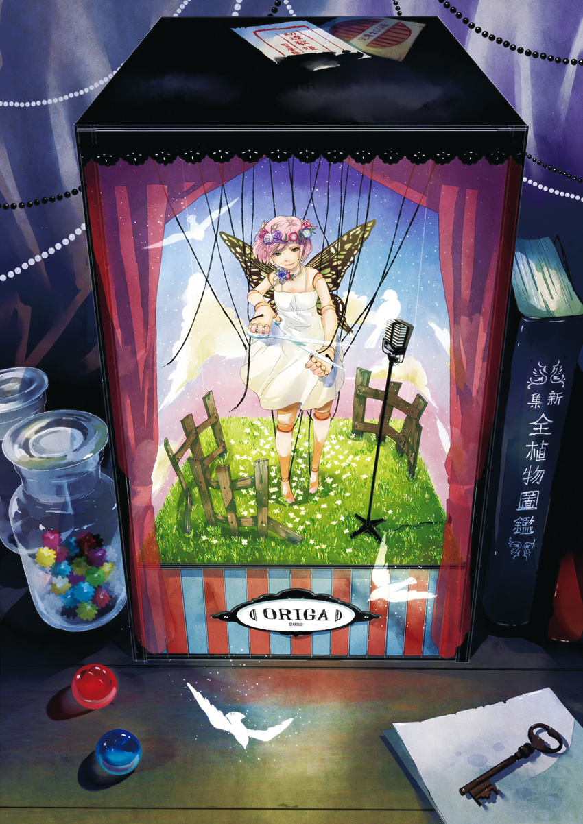 bad_id bad_pixiv_id bird book box butterfly_wings candy doll_joints dress female food grass green_eyes head_wreath highres insect_wings jar joints key marble_(toy) microphone microphone_stand mini_person minigirl original photoshop_(medium) pink_hair puppet scissors shigatsuya short_hair solo string wings