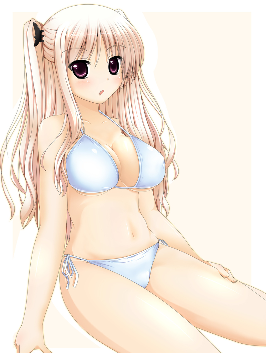 :o absurdres bad_id bad_pixiv_id bikini blonde_hair bra-ban! breasts cleavage commentary_request female hair_ornament hand_on_thigh hibarigaoka_yuki highres kuroatsu large_breasts long_hair mole mole_under_eye navel photoshop_(medium) purple_eyes side-tie_bikini_bottom solo swimsuit twintails two_side_up white_bikini