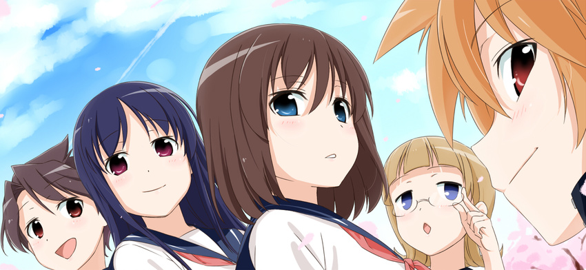 5girls adjusting_eyewear blonde_hair blue_eyes blue_hair blush brown_eyes brown_hair close-up commentary_request eguchi_sera funakubo_hiroko glasses jacket loliconder long_hair multiple_girls neckerchief nijou_izumi onjouji_toki open_mouth red_eyes saki_(manga) saki_achiga-hen school_uniform senriyama_school_uniform serafuku shimizudani_ryuuka short_hair smile