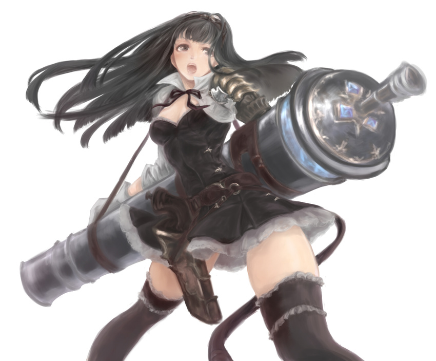 :o belt black_dress black_eyes black_hair black_ribbon black_thighhighs breasts cannon cleavage commentary_request dress female goggles goggles_on_head granblue_fantasy gun highres holding holding_weapon holster huge_weapon jessica_(granblue_fantasy) long_hair medium_breasts miwayama open_mouth ribbon short_dress simple_background solo thighhighs weapon white_background zettai_ryouiki