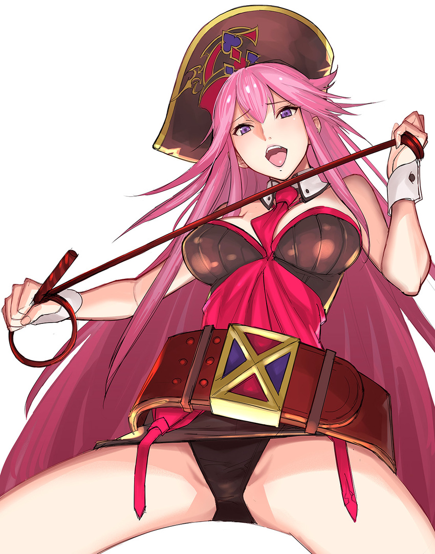 :d black_panties breasts christina_(granblue_fantasy) cleavage commentary_request female granblue_fantasy hat highres large_breasts long_hair open_mouth panties pantyshot photoshop_(medium) pink_hair purple_eyes simple_background sitting smile solo teeth tetsu_(kimuchi) tongue underwear whip white_background